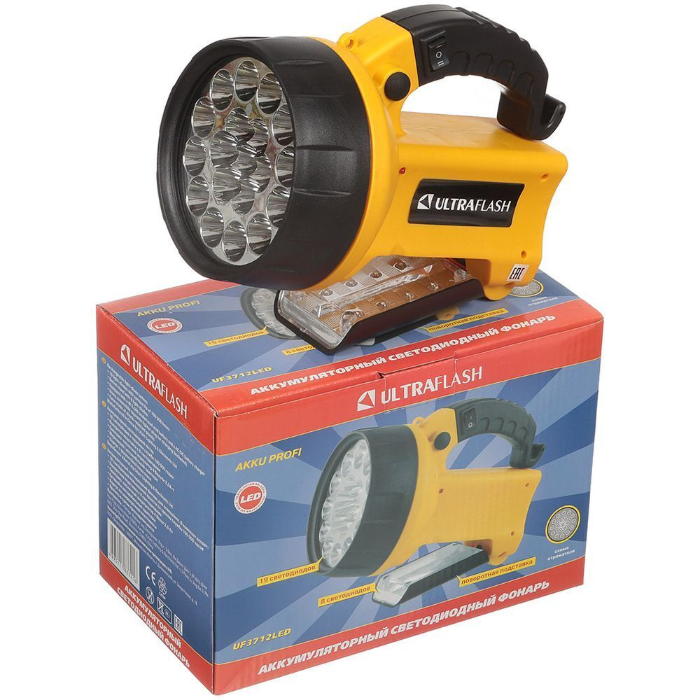 Фонарь ручной, встр акк, прожект, Ultraflash, UF3712, зар от сет220В, зар от сети авто, пластик, жел
