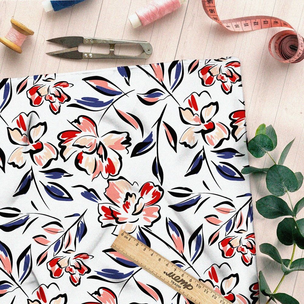 Ткань мембрана рисованные цветы с чёрным контуром