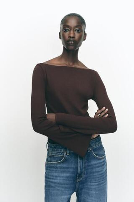 ZARA ФУТБОЛКА С РАСКЛЕШЕННЫМИ РУКАВАМИ, ШОКОЛАДНЫЙ