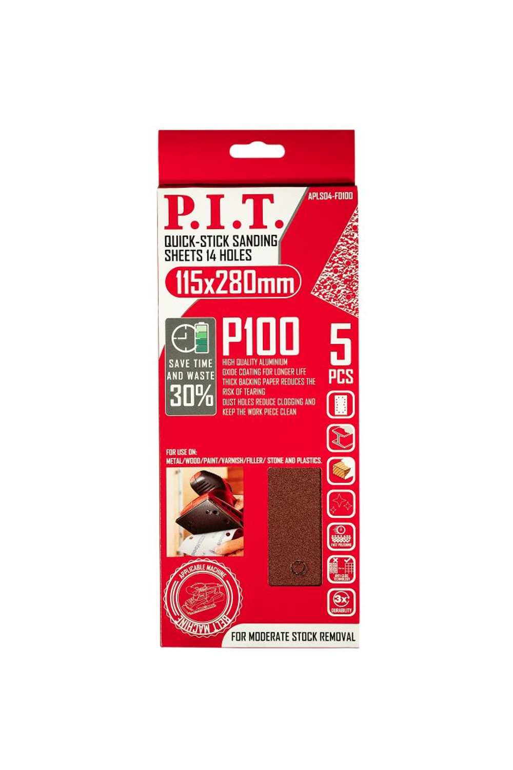 Лист шлифовальный PIT 115x280 мм Р100 14 отверстий 5 шт в уп.( APLS04-F0100)