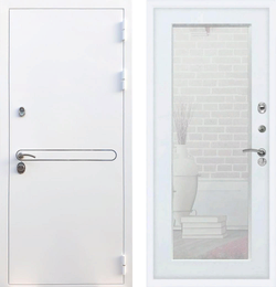 Входная металлическая дверь с зеркалом RеX (РЕКС) 27 Белая шагрень, декоративная вставка / Пастораль Силк сноу