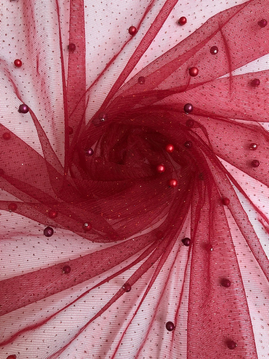 Сетка с бусами красный, бусы красные, глиттер красный С3