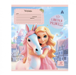 Тетрадь 12л., клетка, Alingar, скрепка, блок офсет, 100% белизна, мелованный картон (стандарт), "Принцесса и единорог", 5 дизайнов в пленке т/у