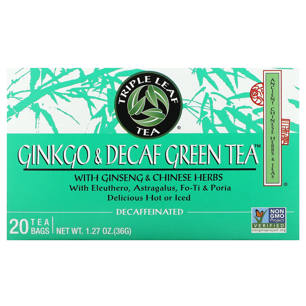 Triple Leaf Tea, зеленый чай с гинкго и без кофеина, 20 чайных пакетиков, 36 г (1,27 унции)
