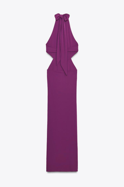ZARA ДЛИННОЕ ПЛАТЬЕ-ХАЛТЕР СО СБОРКАМИ, ТЕМНО-ЛИЛОВЫЙ