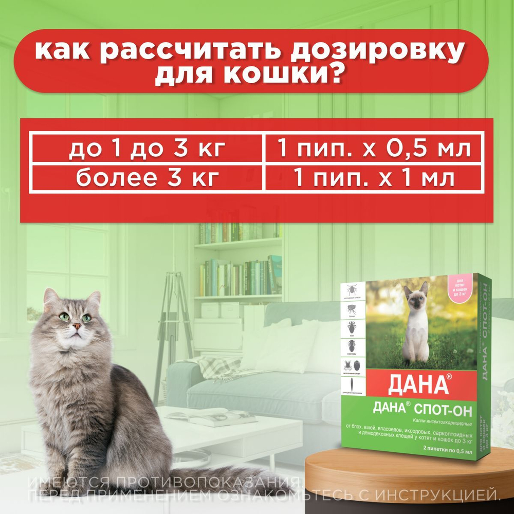 Капли на холку от блох, клещей, вшей и власоедов для котят и кошек до 3 кг Дана Спот-Он (Apicenna), 2 пипетки Фипронил