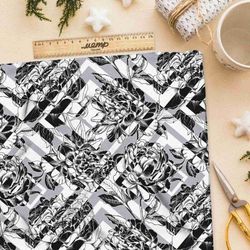 Ткань интерлок черно-белые цветы в ромбик