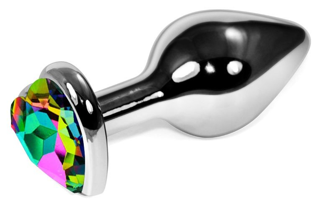 Серебристая анальная пробка с разноцветным кристаллом-сердечком - 6,8 см. (Цвет: разноцветный)