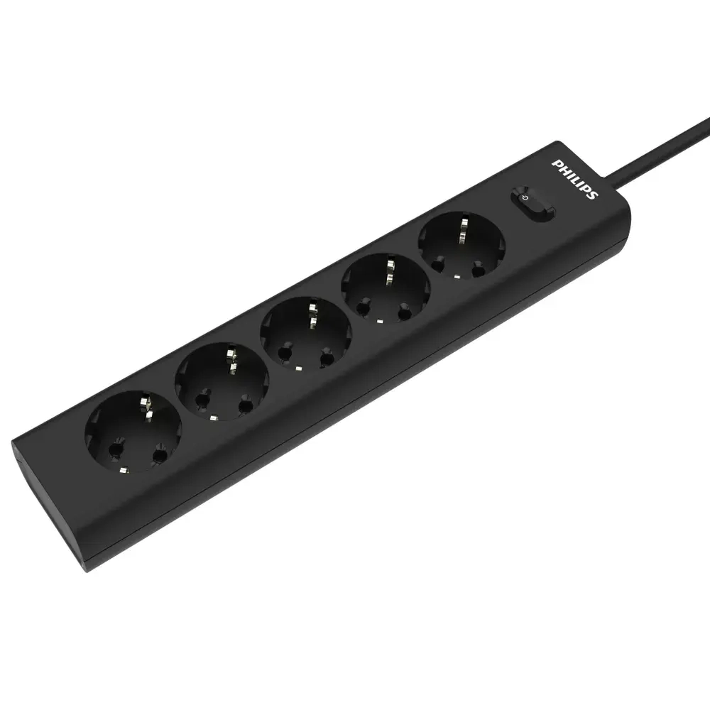 Сетевой фильтр удлинитель Philips CHP2155BB/51 с пятью стандартными розетками EU, с заземлением и защитой от перегрузок, 3 м, черный