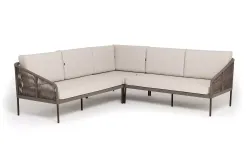 "Канны" диван модульный плетеный из роупа, каркас алюминий коричневый (RAL8016) муар, роуп коричневый круглый, ткань бежевая 035