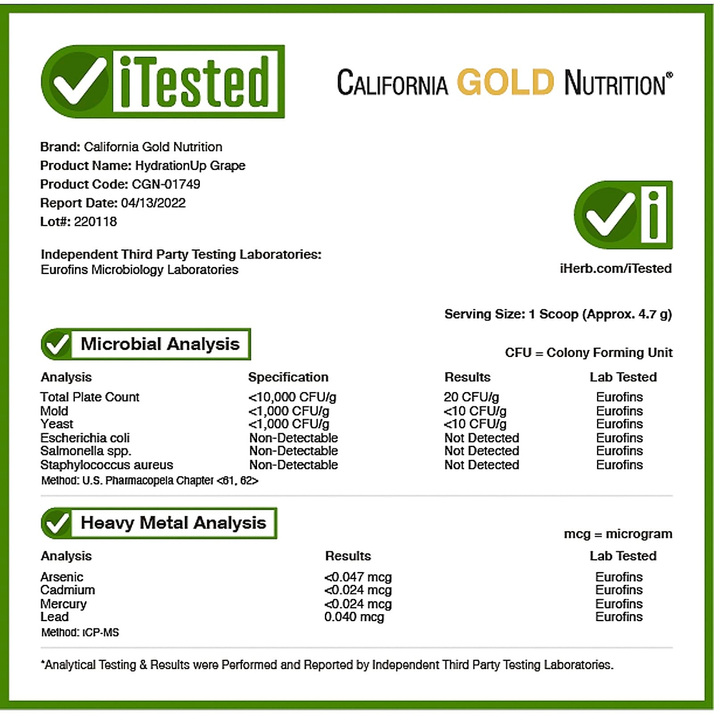 California Gold Nutrition, HydrationUP®, смесь для приготовления электролитического напитка с кальцием, калием, витамином C и витамином E, со вкусом винограда, 227 г (8 унций)