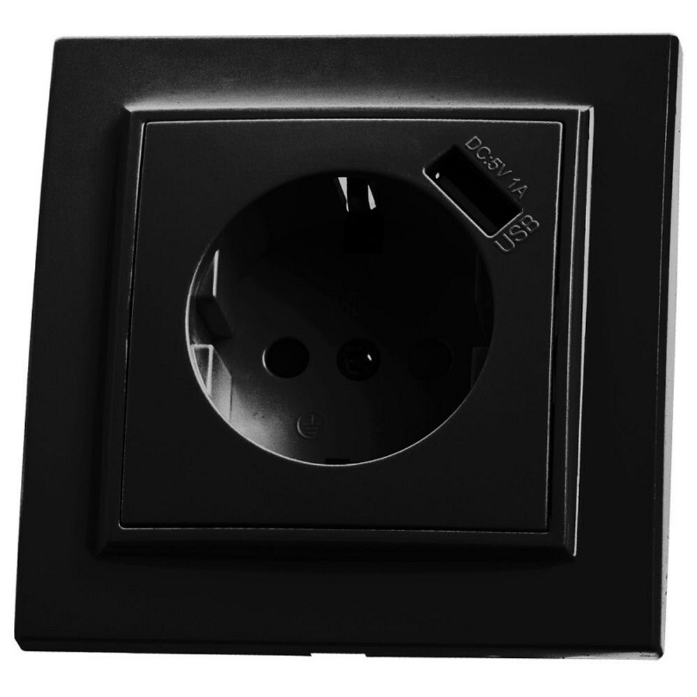 Розетка 1-местная с/з 250В. 16Ас защитнойшторкой и с USB. серия Эрна. PST16-9011-03. черный