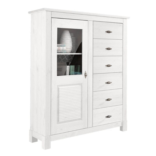 Комод белый с дверцей и 6 ящиками из массива дерева Рауна 16 (белый воск), 103x36,5x132 см