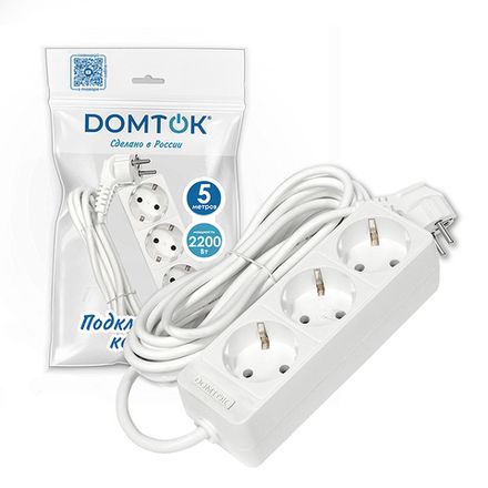 Удлинитель бытовой "DOMTOK" Лидер 3 гн, ПВС 3*0,75,2,2 кВт, з/к 5м (1/35)