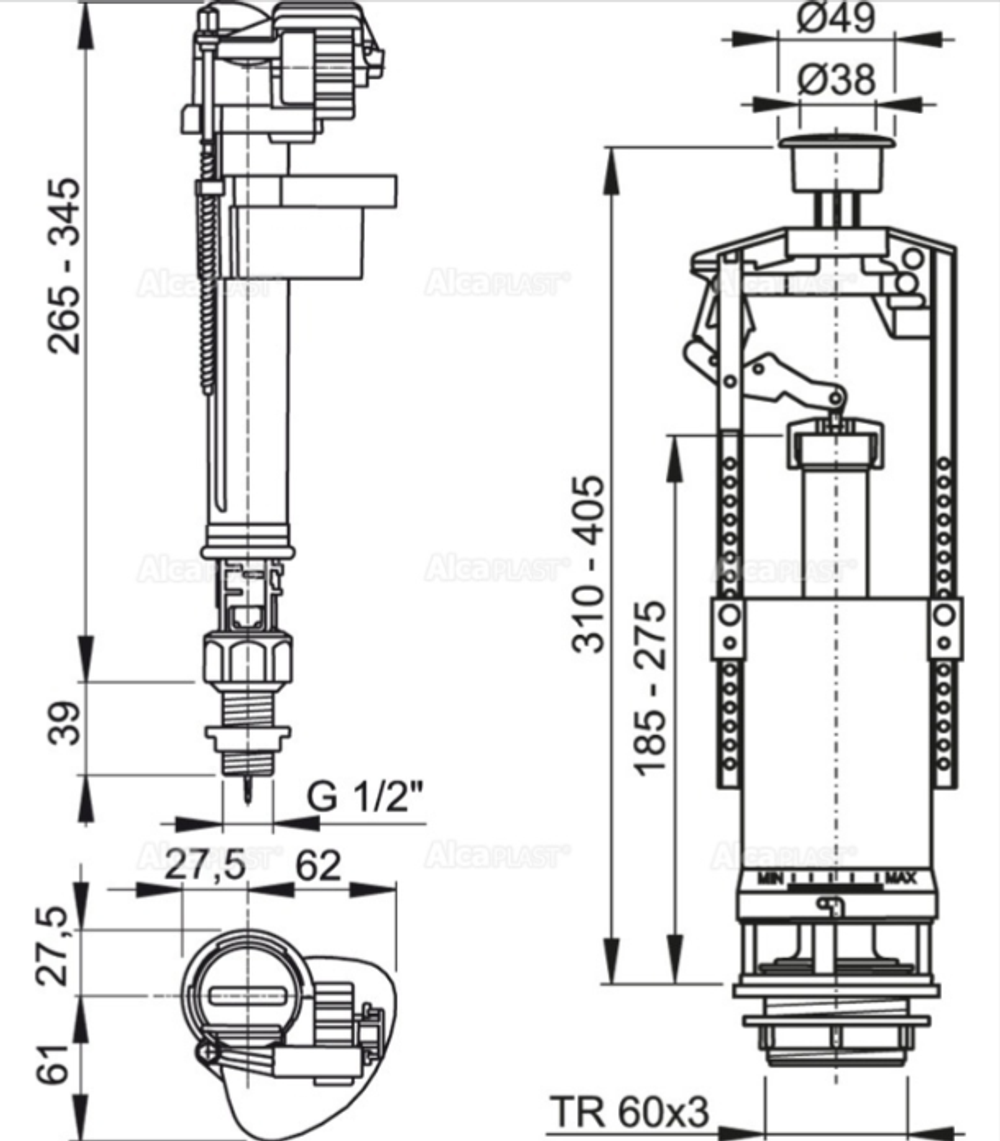 Арматура запорная ALCAPLAST 1/2" нижняя