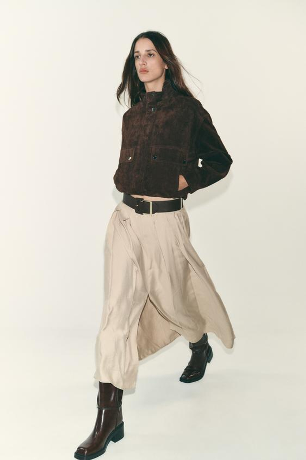 ZARA ЮБКА МИДИ С РЕМНЕМ, МЯГКИЙ КАШТАНОВЫЙ