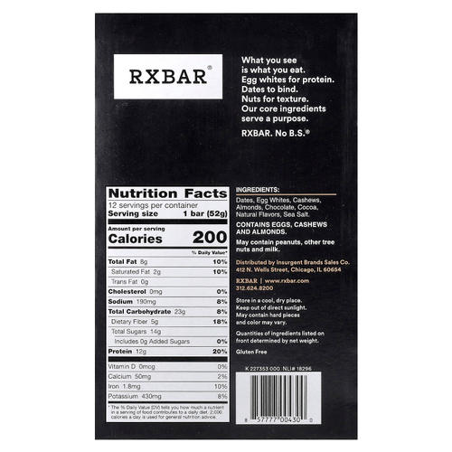 RXBAR, Protein Bar, шоколадная морская соль, 12 батончиков, 52 г (1,8 унции)