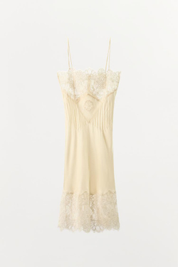 ZARA АТЛАСНОЕ ПЛАТЬЕ-КОМБИНАЦИЯ С КРУЖЕВОМ, ЭКРЮ