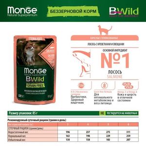 Влажный корм Monge Cat BWild GRAIN FREE для стерилизованных кошек, беззерновой, из лосося с креветками и овощами, паучи 85 г