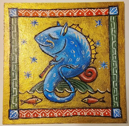 Картина "Рыба с дудочкой". Золотой акрил на картоне. Авторская работа оригинал. Серия: фантастические вымышленные животные.