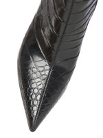 Женские чёрные сапоги из кожи с тиснением под крокодила на шпильке со стразами