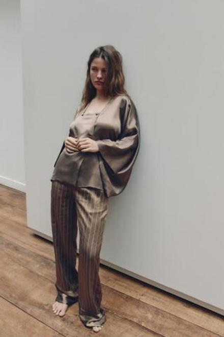 ZARA БРЮКИ В ПИЖАМНОМ СТИЛЕ В ПОЛОСКУ, РЫЖЕВАТО-КОРИЧНЕВЫЙ