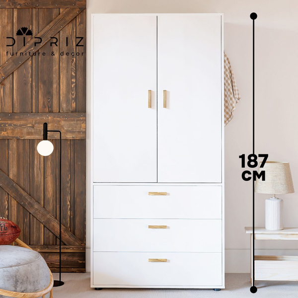 Шкаф для одежды Моби, 2 двери 3 ящика, 90х58х187 см, с ручками из массива дуба