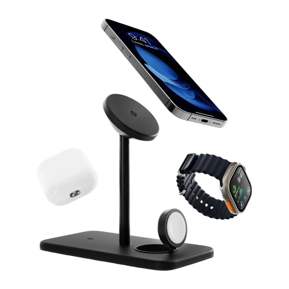 Зарядная станция MagSafe Twelve South HiRise 3 Deluxe для iPhone, Apple Watch и AirPods (Qi2) Беспроводная зарядка: Qi 15 Вт, Qi 7,5 Вт, магнитное крепление для быстрой зарядки Apple Watch (Qi 5 Вт). Проводная зарядка: нет. Сертификации MFi и Qi2. Отсутст
