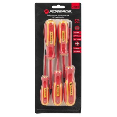 Набор отверток диэлектрических 5пр (SL 3х75, 4х100, 5.5х125мм, РН 1х80, 2х100мм), в блистере Forsage F-2066N