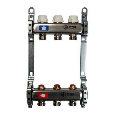 Коллекторная группа для радиаторного отопления STOUT SMS0922 - 1" на 3 контура 3/4"EK (нерж.сталь)