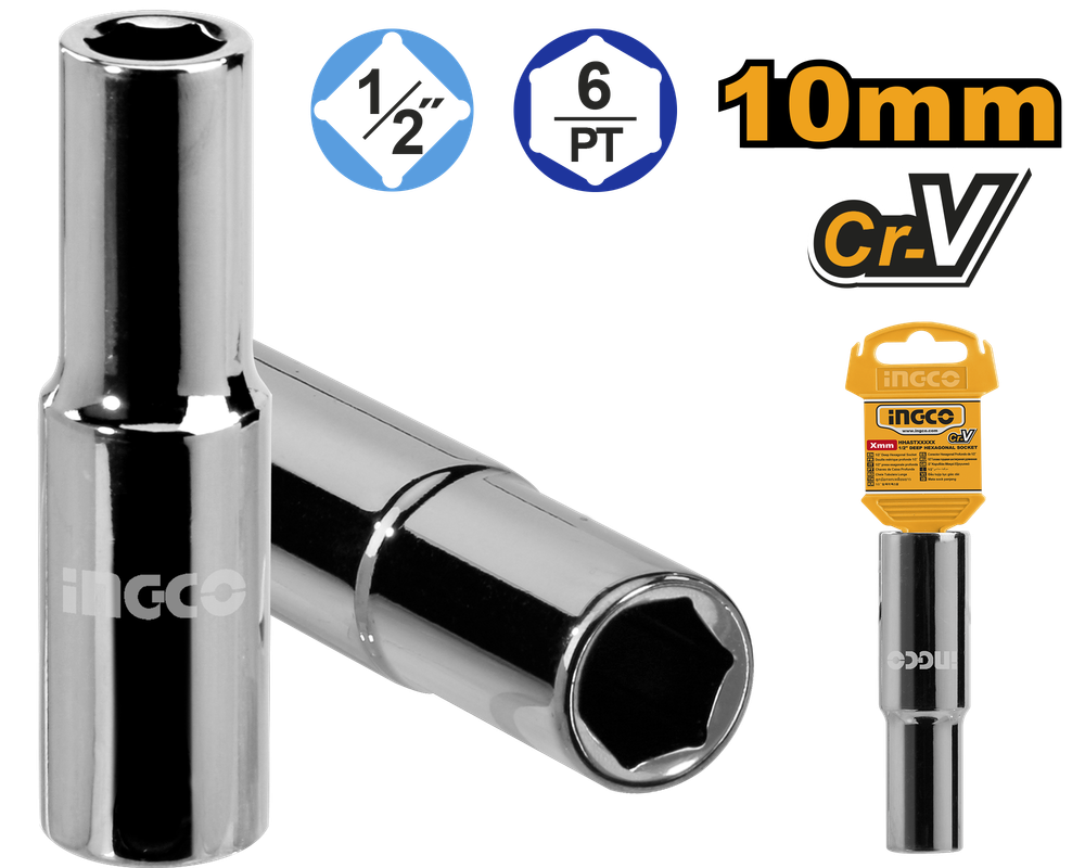 Головка торцевая шестигранная удлиненная INGCO HHAST12103L INDUSTRIAL 1/2&quot; 10 мм