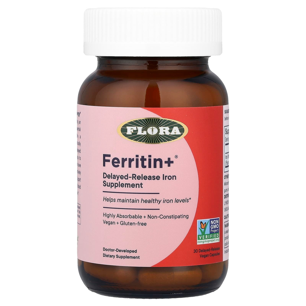 Flora, Ferritin +®, 30 веганских капсул с отсроченным высвобождением (20 мг в 1 капсуле)