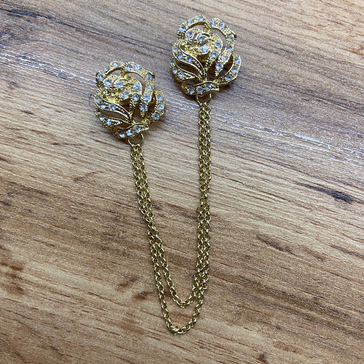 Брошь-шатлен на воротничок с цепочками Роза стразы металл золотистый