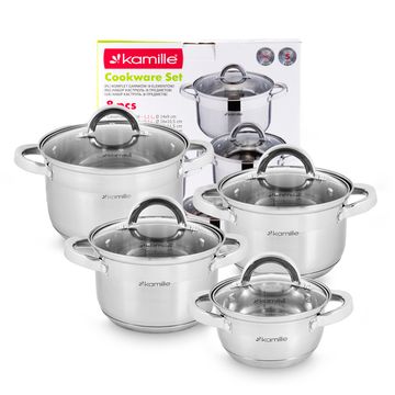 Набор кастрюль 8 предметов из нержавеющей стали Kamille KM-5637S (1,0 л; 1,8 л; 2,5 л; 3,8 л)