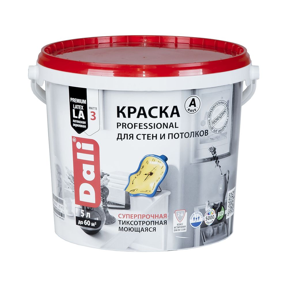 Краска для стен и потолков Dali Professional, акриловая, глубокоматовая, база A, супербелая, 5 л, 15732