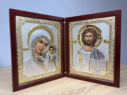 Складень, Казанская БМ, Молитва, икона прямоугольная, красное дерево 260x420