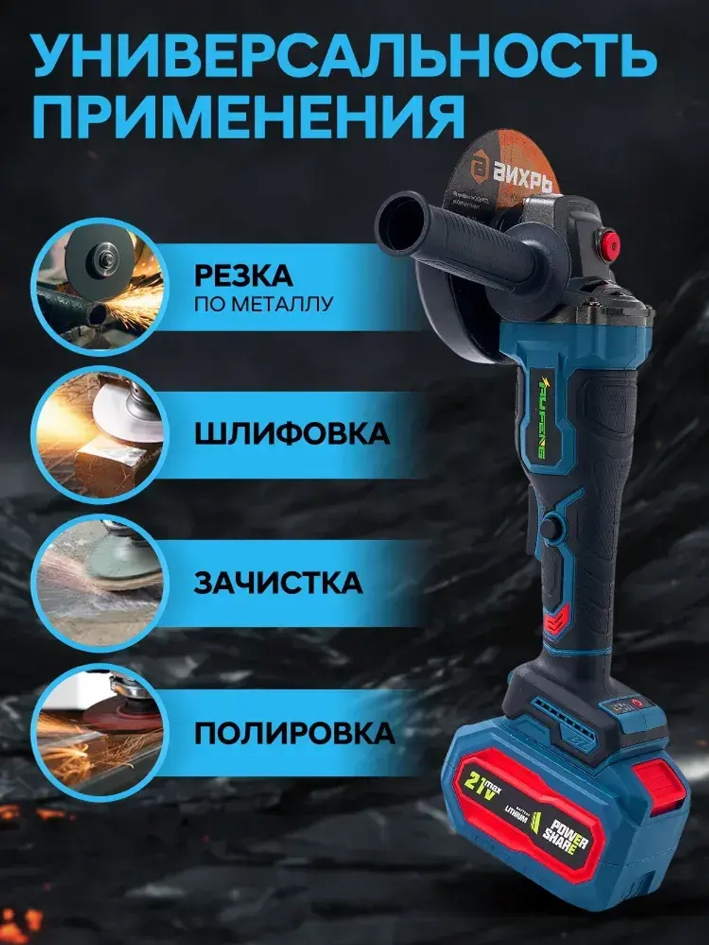 RUFENG Болгарка аккумуляторная УШМ, Угловая шлифовальная машина аккумуляторная (125мм, 21 В, 2 АКБ 6 Ач)