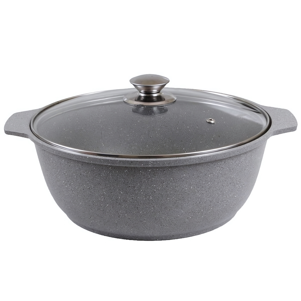 Кастрюля-жаровня алюминевая «Мраморная» 3 л со стеклянной крышкой, литой алюминий, светлый мрамор КМ-жмс32а