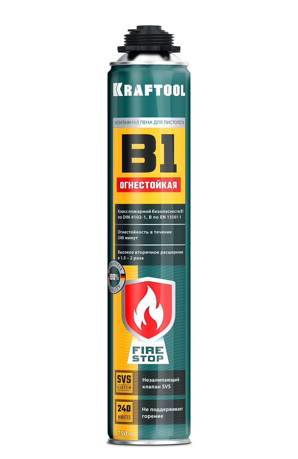 KRAFTOOL FIRE STOP B1, 750 мл, пистолетная, огнестойкая, не залипающий клапан, 240°С, SVS, выход до 45 л, монтажная пена (41186)