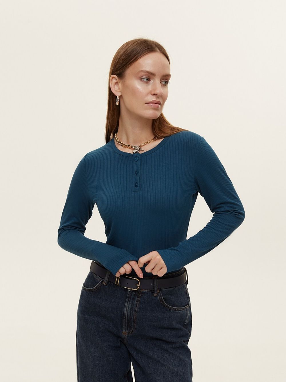 Лонгслив с пуговицами темно-бирюзовый