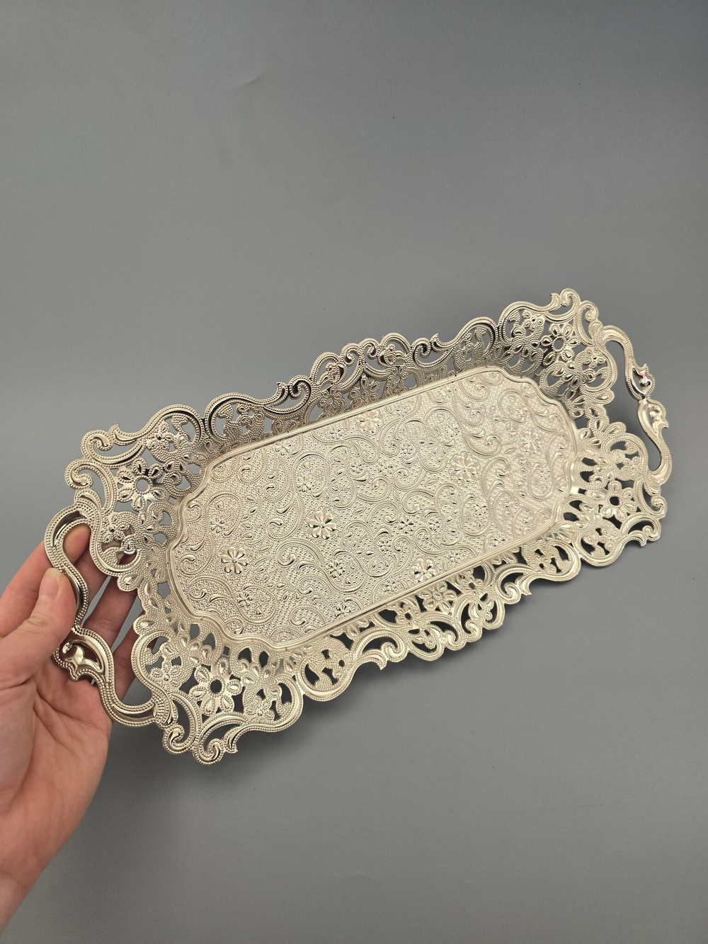 Поднос прямоугольный декоративный 40*20 "Ажур" металлический /ACAR. Турция (серебристый)