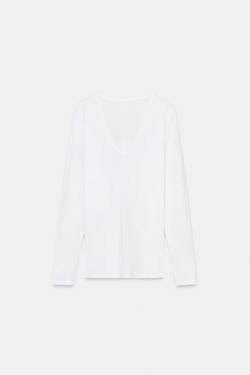 ZARA ХЛОПКОВАЯ ФУТБОЛКА С V-ОБРАЗНЫМ ВЫРЕЗОМ, БЕЛЫЙ