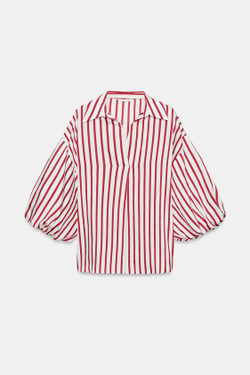 ZARA РУБАШКА В ПОЛОСКУ С ОБЪЕМНЫМИ РУКАВАМИ, КРАСНЫЙ/БЕЛЫЙ
