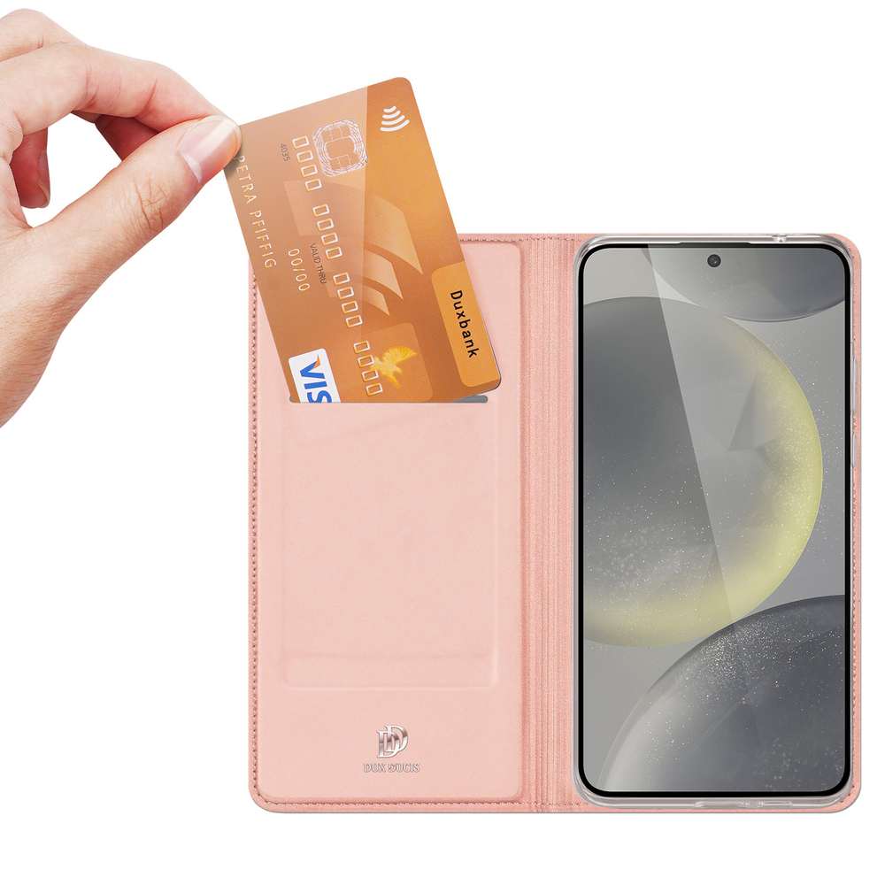 Чехол книжка из PU кожи розового цвета от Dux Ducis для Samsung Galaxy S24 FE, серия Skin Pro Series Case