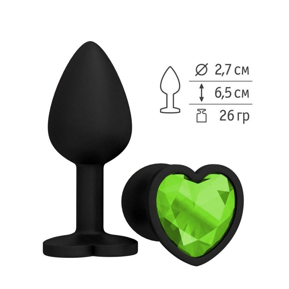 508-12 LIME-DD / Анальная втулка силиконовая черная с салатовым кристаллом сердце