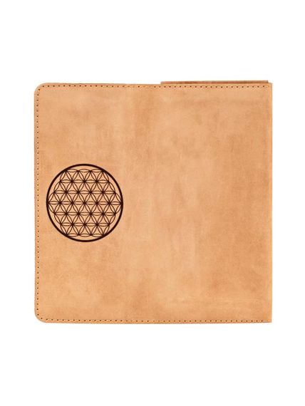 Фото функционального кошелька Цветок жизни из светло-коричневого нубука, развернутый вид.