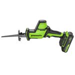 Пила сабельная акк. Greenworks GPT-CRS-25, 24V, б/щет, 0-3000/мин, рез 80 мм дер., LED, 1х2Ач,ЗУ,кор (1200507CUA)