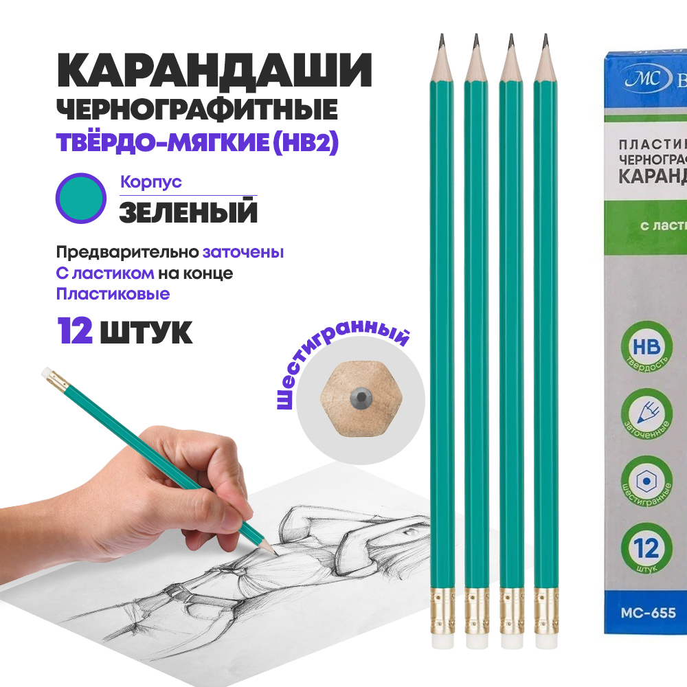 Набор черных простых заточенных карандашей, 12 шт, с ластиком, MC-Basir, пластиковые обычные чернографитные карандаши для начинающих, HB (твердо-мягкий), графитовые серые для школы