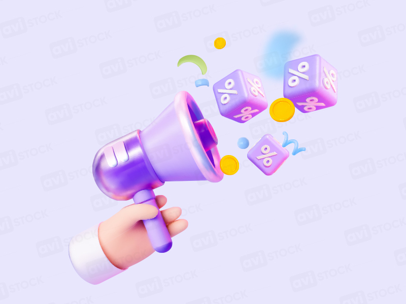 3d Рупор с кубами процентов и монетами