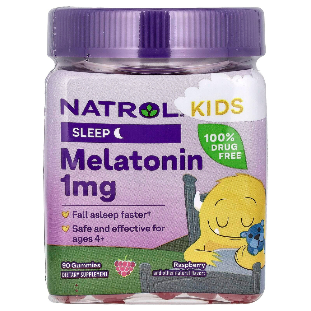 Natrol, Kids, жевательная добавка с мелатонином, для детей от 4 лет, с малиновым вкусом, 1 мг, 90 жевательных таблеток
